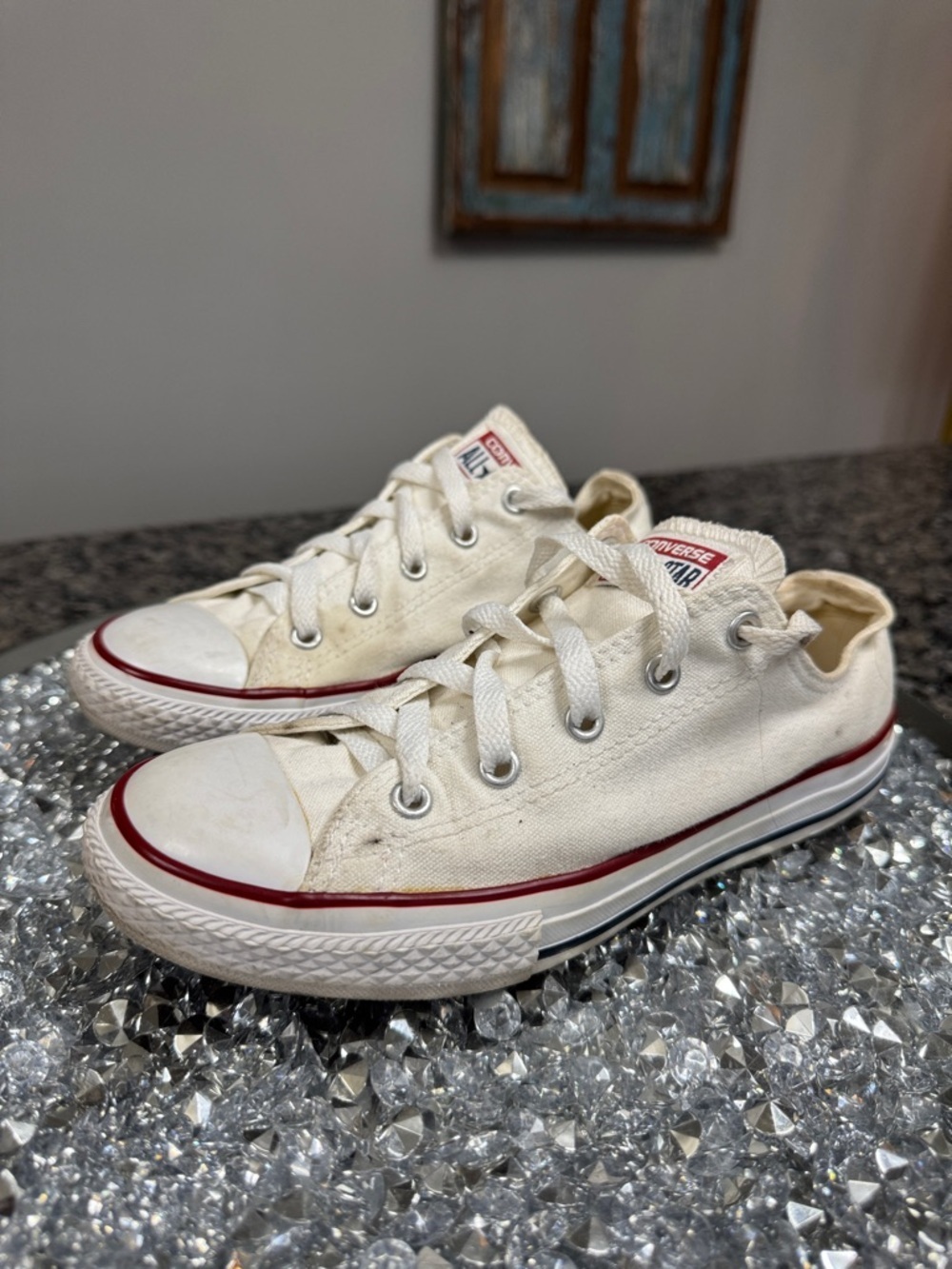 Converse Low Top Canvas Sneakers - White with Red Stripe womens 5 Youth 3